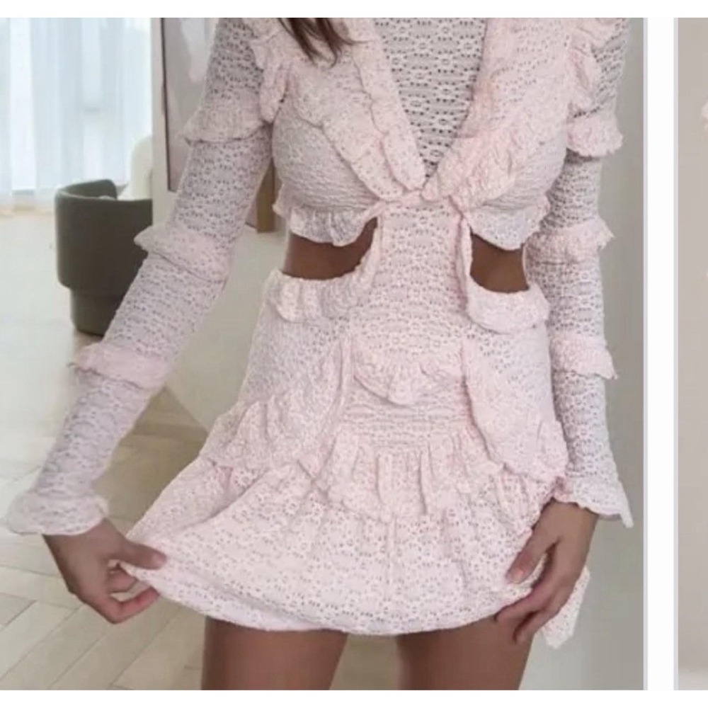 SABO Pink Eyelet Cutout Ruffle Mini Dress Long Sleeve Size 2